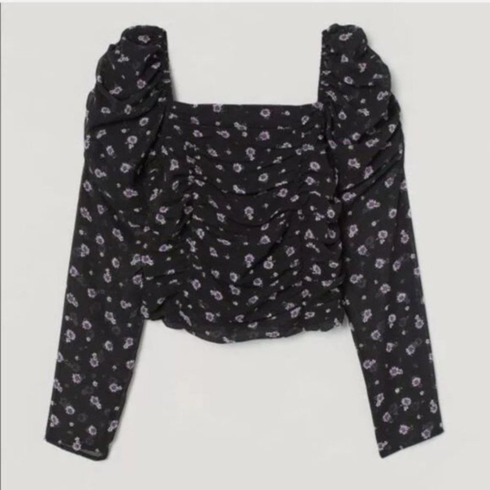 H&M long sleeves Draped fitted square neck puff sleeves blouse black floral sz m